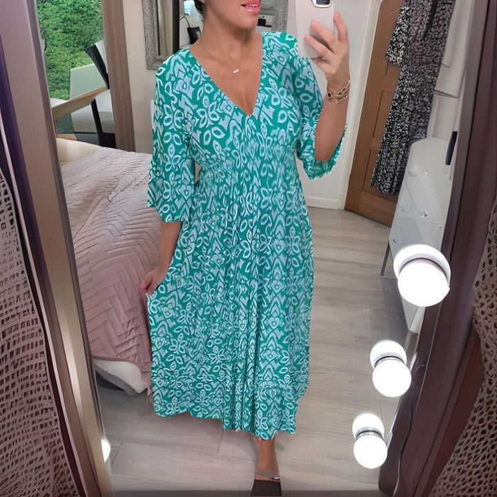 Nora | Boho Kjole Løs Passform Trykk Casual V-Hals
