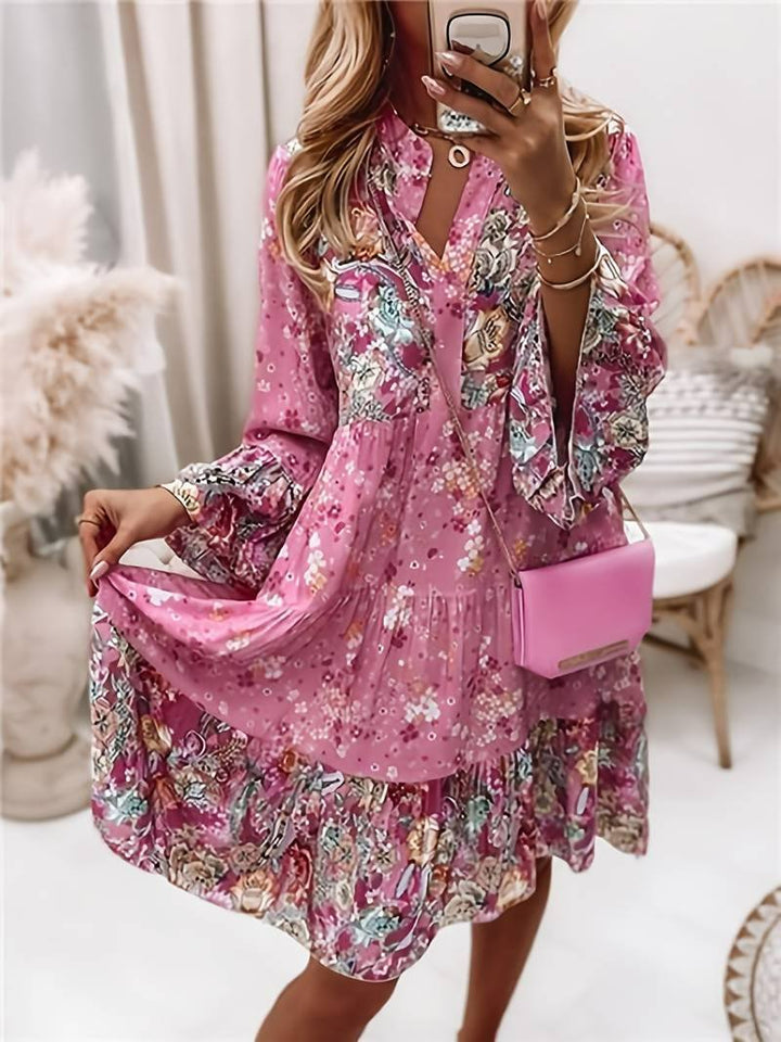Josefine | Boho Kjole med Blomsterprint V-Hals Lange Ermer