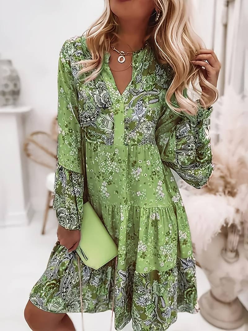 Josefine | Boho Kjole med Blomsterprint V-Hals Lange Ermer