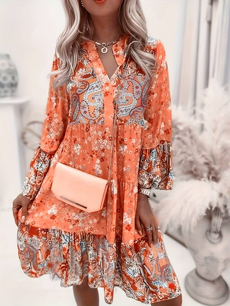 Josefine | Boho Kjole med Blomsterprint V-Hals Lange Ermer