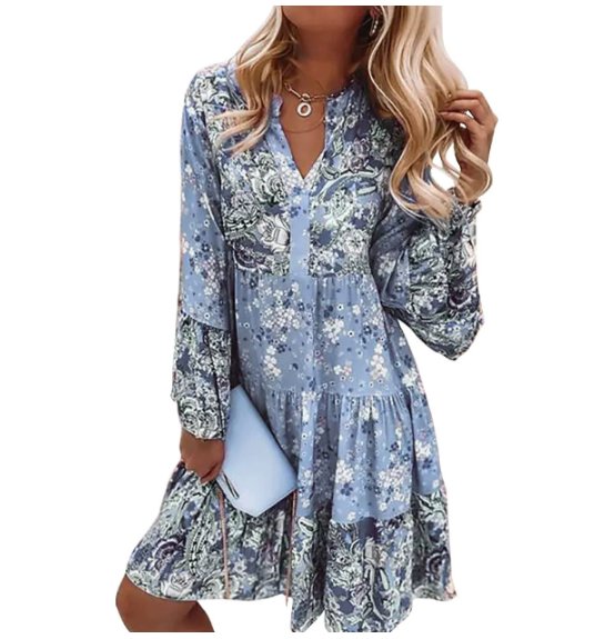 Josefine | Boho Kjole med Blomsterprint V-Hals Lange Ermer