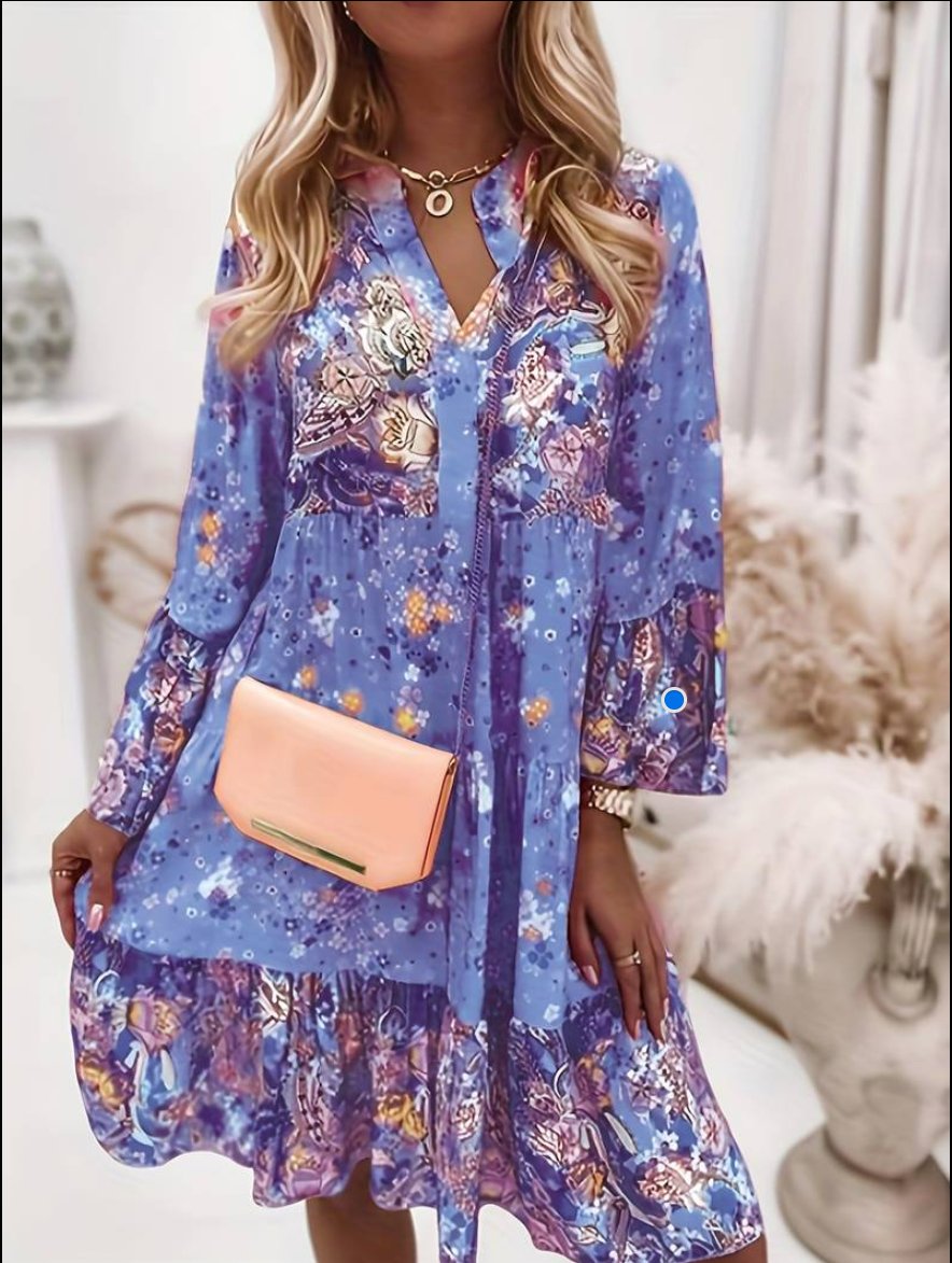 Josefine | Boho Kjole med Blomsterprint V-Hals Lange Ermer