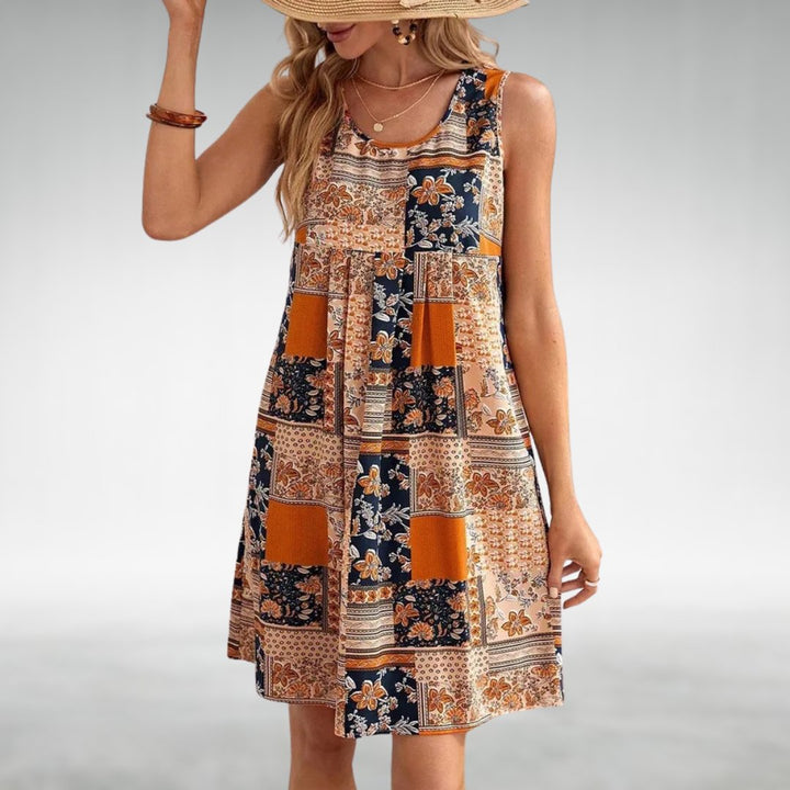 Freja | Boho Kjole Uten Ermer Løs Passform Blomstertrykk