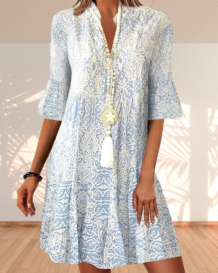 Emma | Boho Kjole V-hals 3/4 Ermer Paisley Mønster A-linje