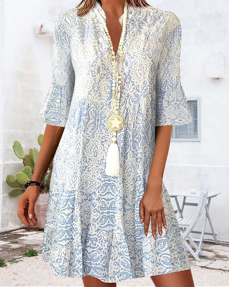 Emma | Boho Kjole V-hals 3/4 Ermer Paisley Mønster A-linje