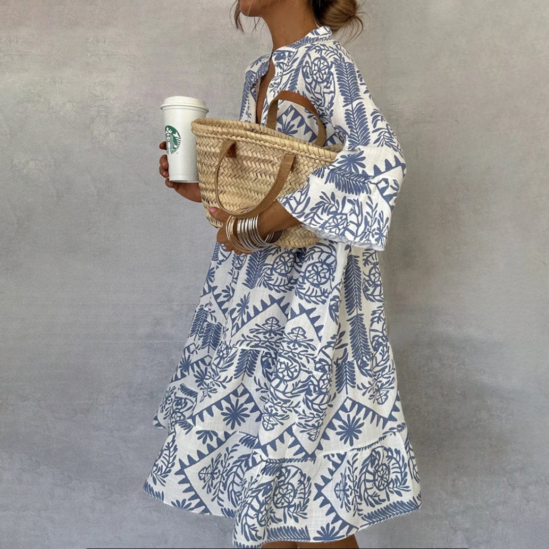 Sofia | Boho Kjole V-Hals 3/4 Ermer Sving Stil Print