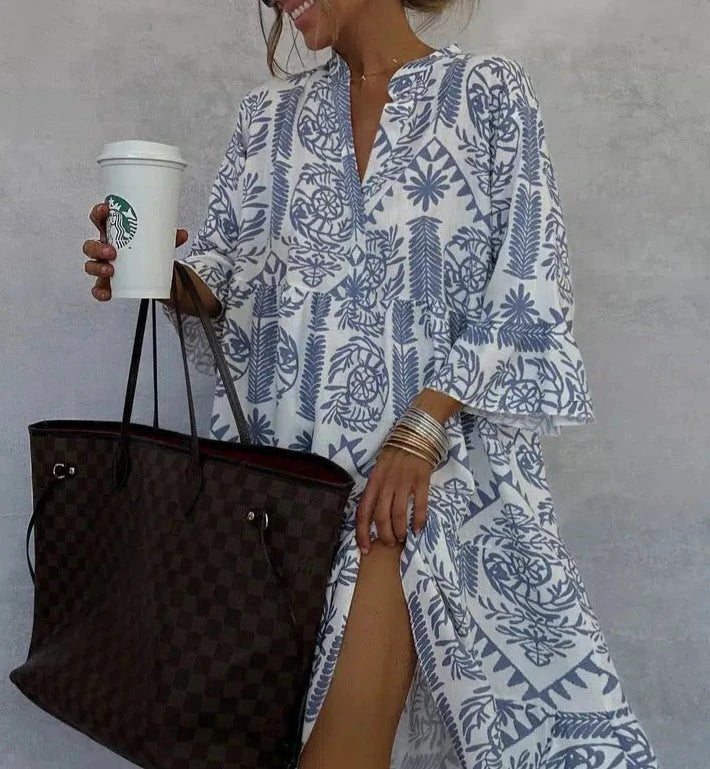 Sofia | Boho Kjole V-Hals 3/4 Ermer Sving Stil Print