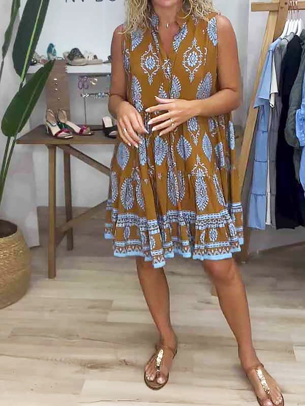 Nora | Boho Kjole V-Hals Uten Ermer Lagdelt Mini Gul Blå Print