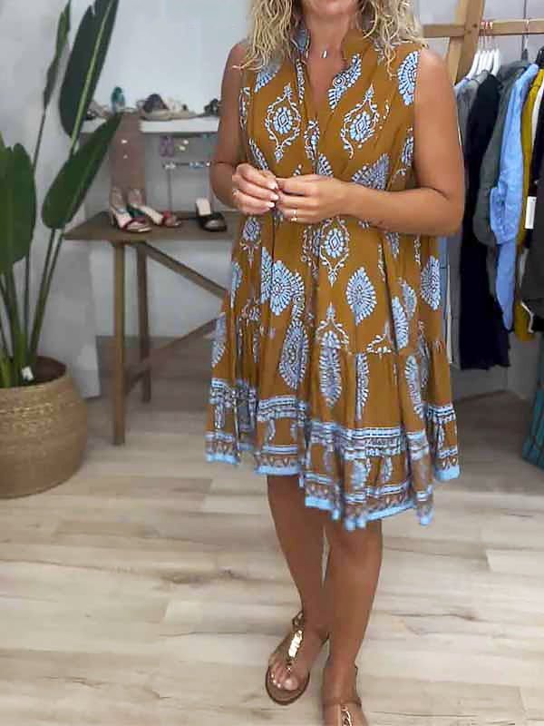 Nora | Boho Kjole V-Hals Uten Ermer Lagdelt Mini Gul Blå Print