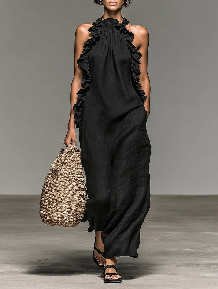 Clara | Boho Lined Maxi Kjole Uten Ermer Volangkant Kvinne