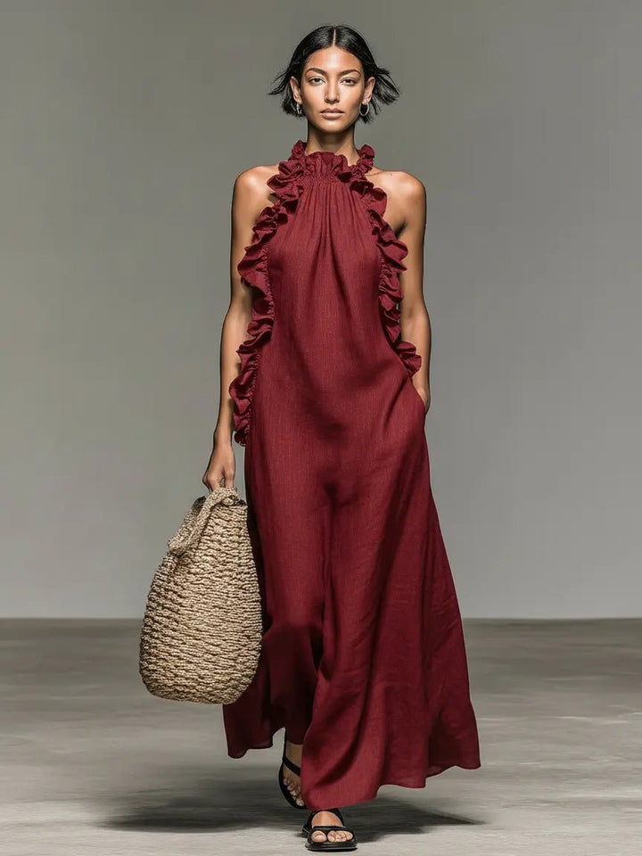 Clara | Boho Lined Maxi Kjole Uten Ermer Volangkant Kvinne