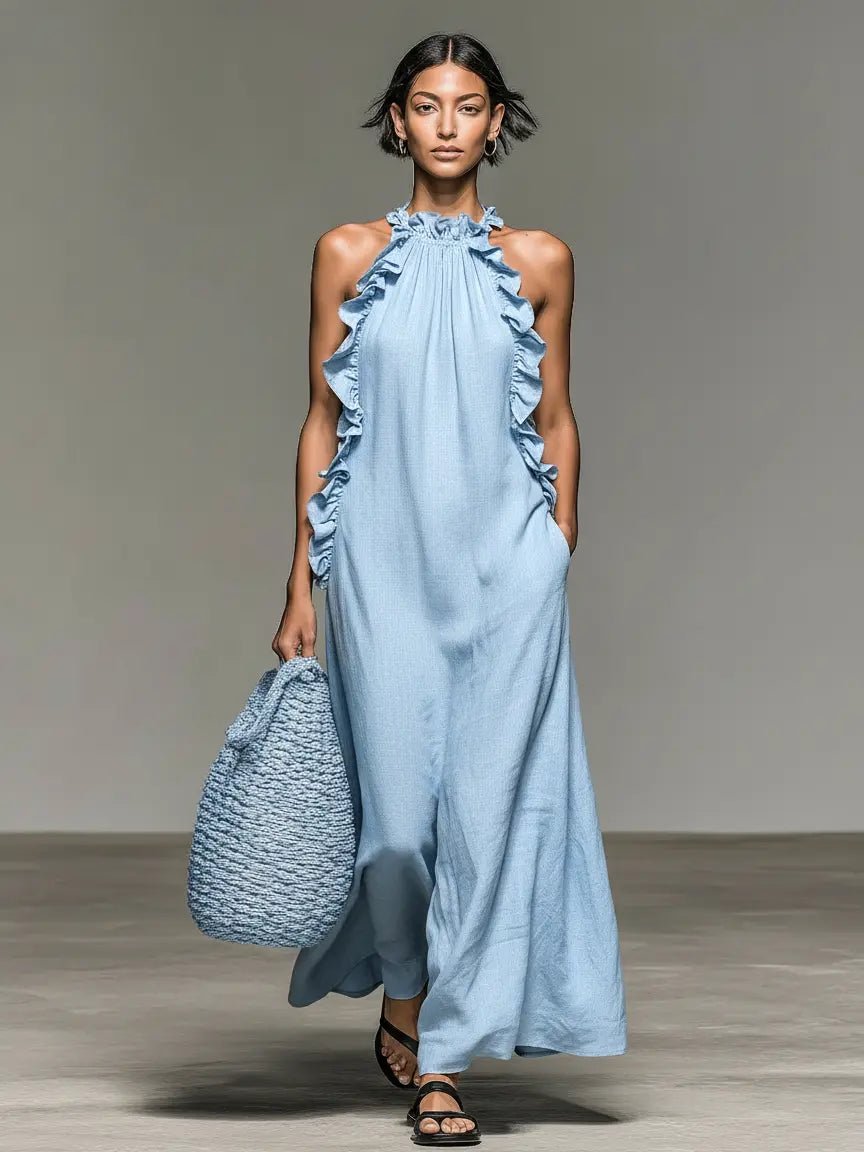 Clara | Boho Lined Maxi Kjole Uten Ermer Volangkant Kvinne