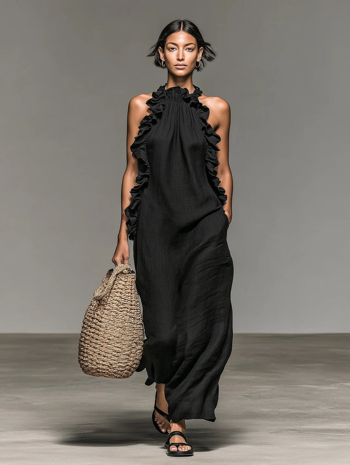 Clara | Boho Lined Maxi Kjole Uten Ermer Volangkant Kvinne
