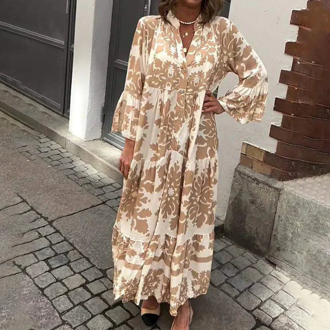 Mathilde | Boho Maxi Kjole Blomstertrykk Lange Ermer Casual