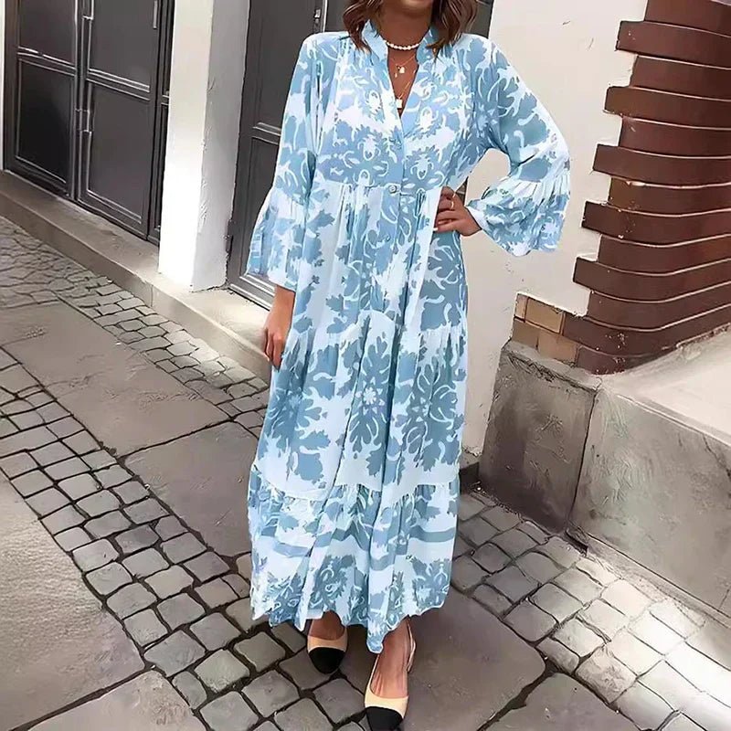 Mathilde | Boho Maxi Kjole Blomstertrykk Lange Ermer Casual