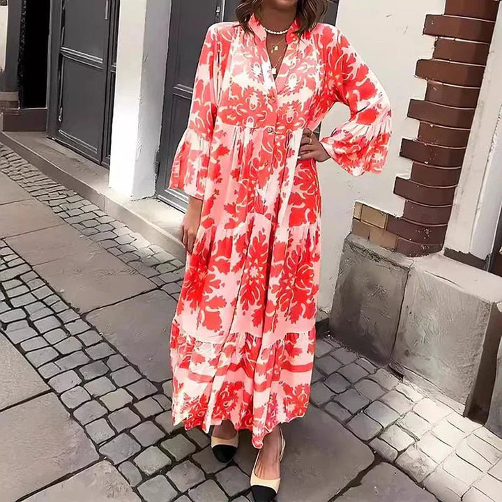 Mathilde | Boho Maxi Kjole Blomstertrykk Lange Ermer Casual