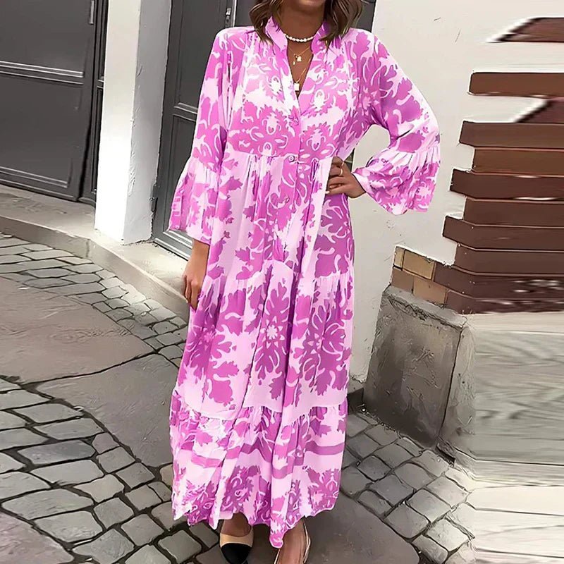 Mathilde | Boho Maxi Kjole Blomstertrykk Lange Ermer Casual