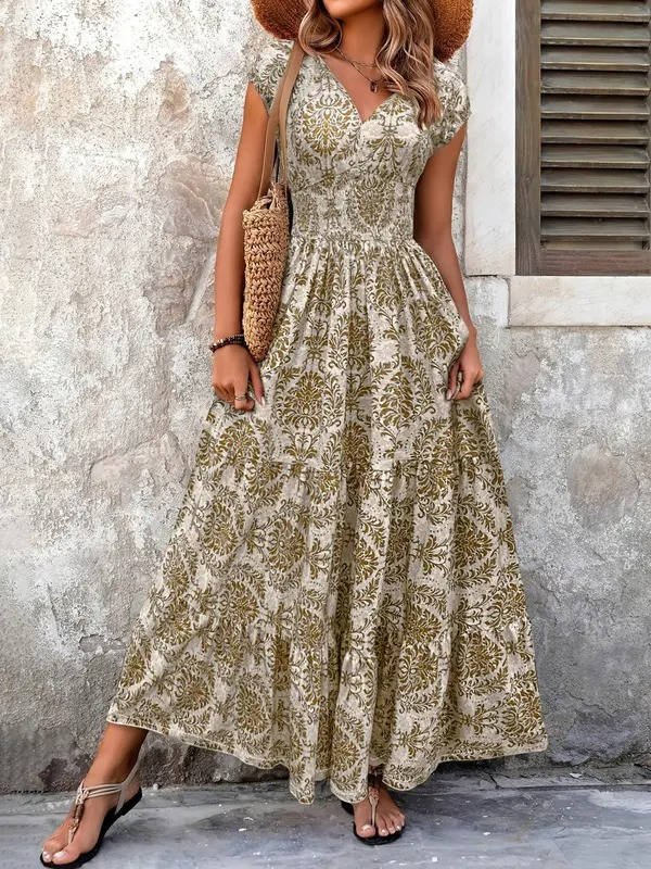 Alma | Boho Maxi Kjole Smocked Midje V-Hals Lagdelt
