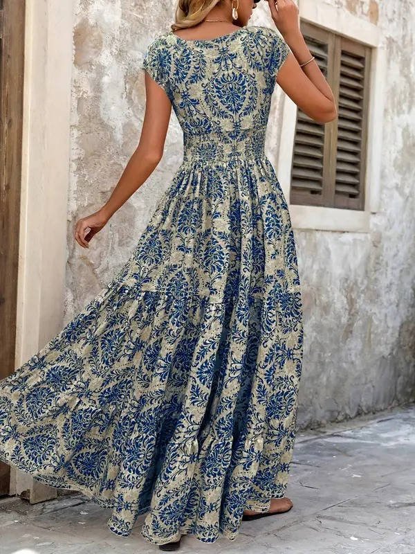 Alma | Boho Maxi Kjole Smocked Midje V-Hals Lagdelt