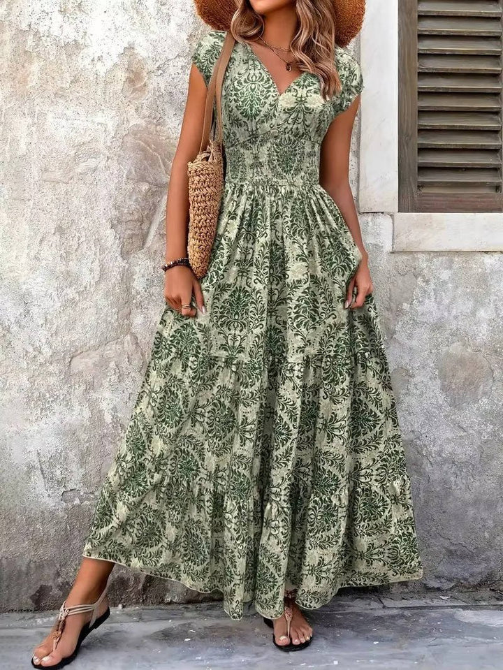 Alma | Boho Maxi Kjole Smocked Midje V-Hals Lagdelt