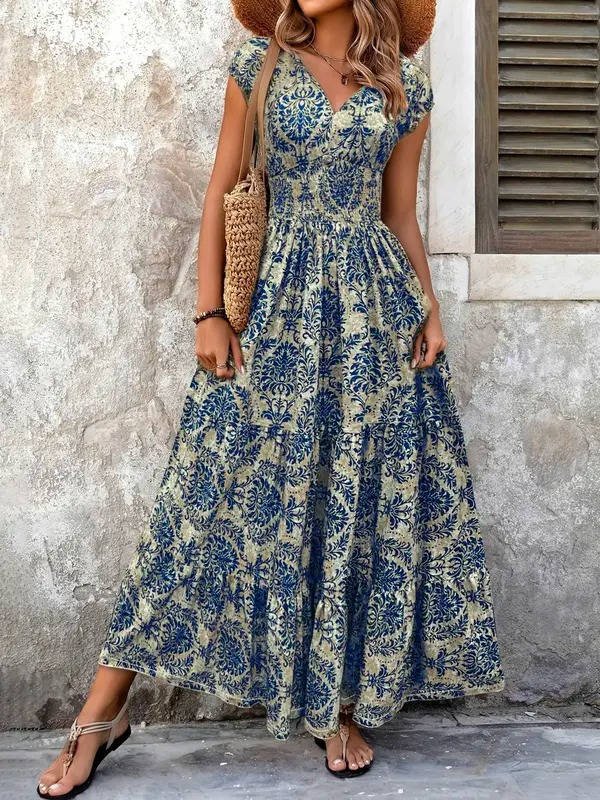 Alma | Boho Maxi Kjole Smocked Midje V-Hals Lagdelt