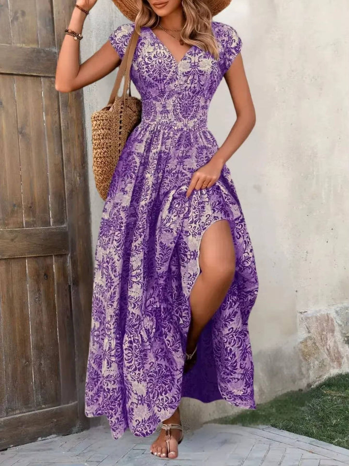 Alma | Boho Maxi Kjole Smocked Midje V-Hals Lagdelt