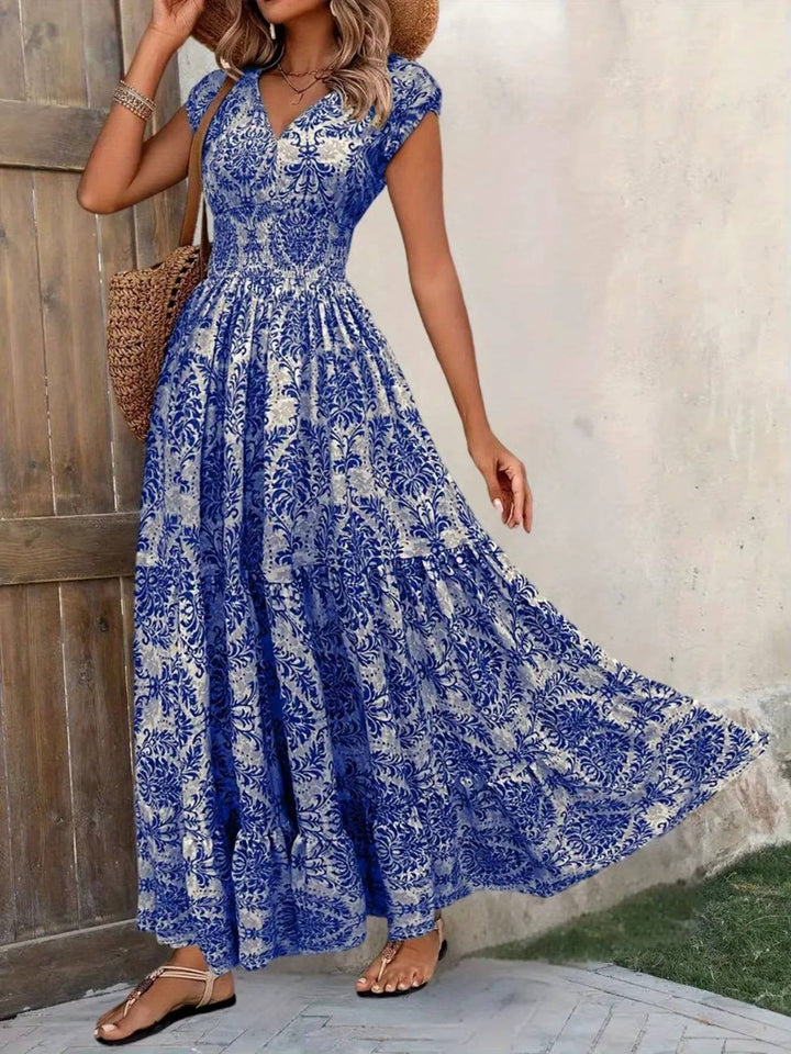 Alma | Boho Maxi Kjole Smocked Midje V-Hals Lagdelt