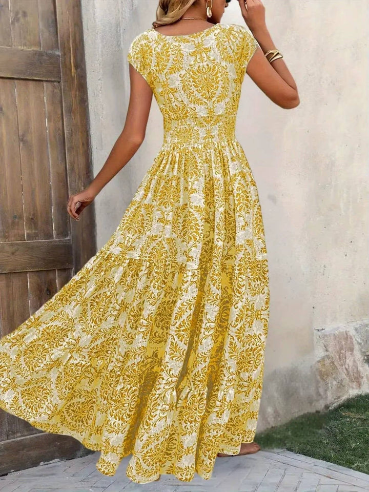 Alma | Boho Maxi Kjole Smocked Midje V-Hals Lagdelt