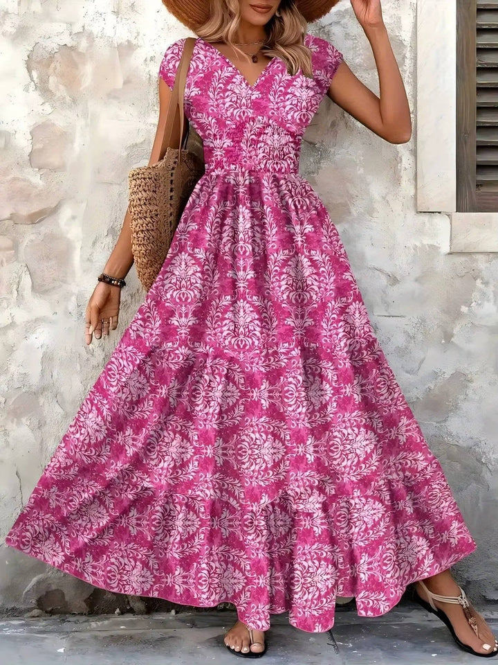 Alma | Boho Maxi Kjole Smocked Midje V-Hals Lagdelt