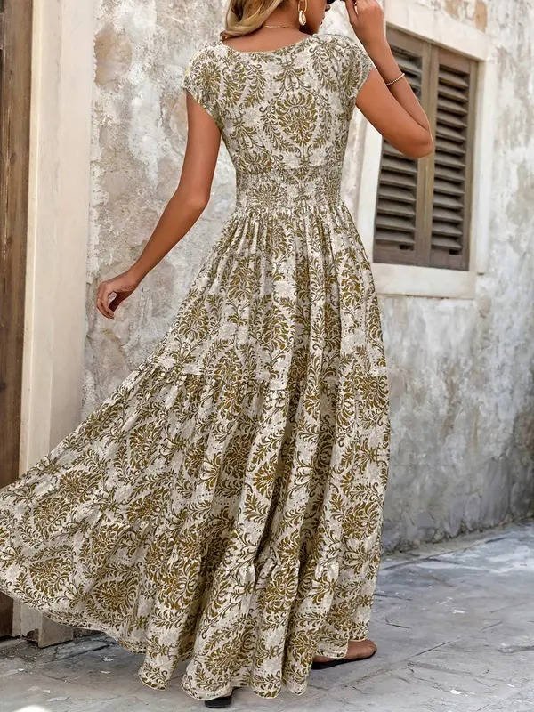 Alma | Boho Maxi Kjole Smocked Midje V-Hals Lagdelt