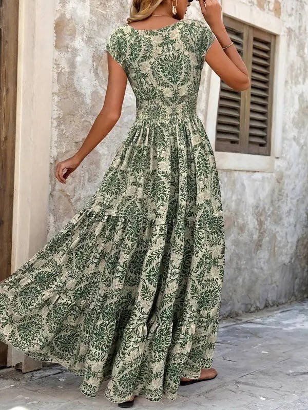 Alma | Boho Maxi Kjole Smocked Midje V-Hals Lagdelt