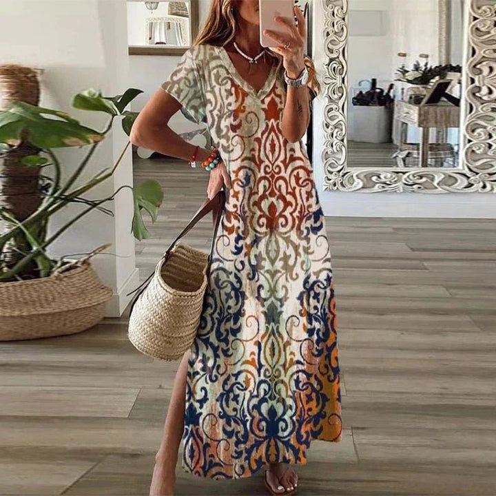 Mathilde | Boho Maxi Kjole V-Hals Korte Ermer Print Splitt