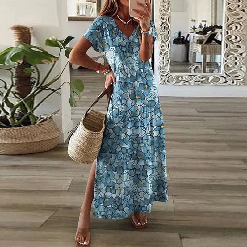 Mathilde | Boho Maxi Kjole V-Hals Korte Ermer Print Splitt