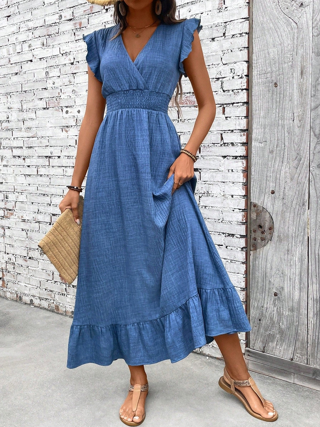 Nora | Boho Maxi Kjole V-Hals Smock Midje Volang Ermer