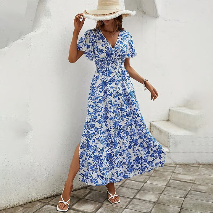 Sofia | Boho Maxi Kjole V-Hals Blomsterprint Sommer