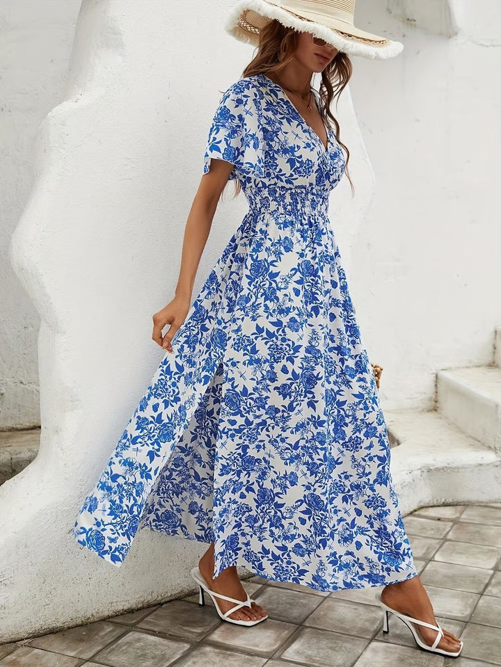 Sofia | Boho Maxi Kjole V-Hals Blomsterprint Sommer