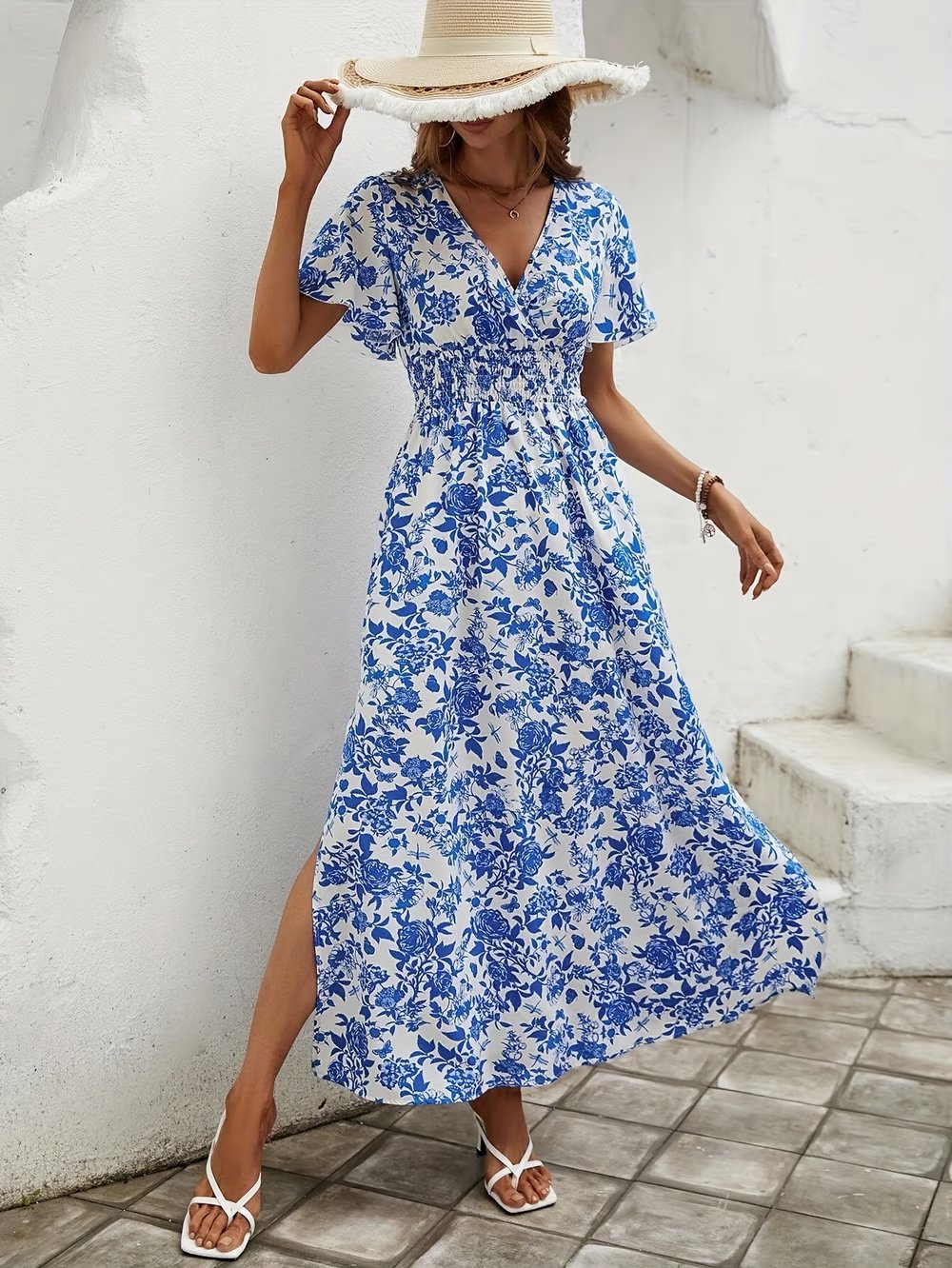 Sofia | Boho Maxi Kjole V-Hals Blomsterprint Sommer