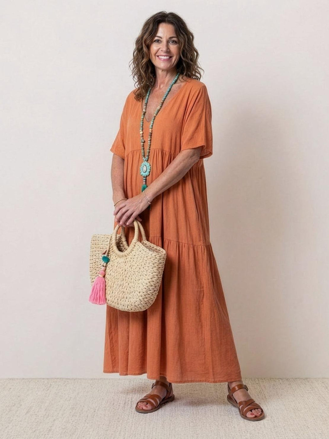 Karla | Boho Maxi Kjole V-Hals Korte Ermer Lagdelt