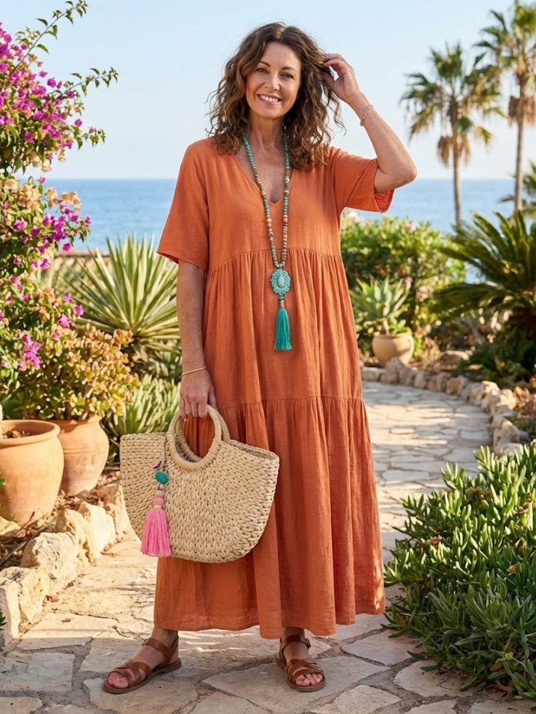 Karla | Boho Maxi Kjole V-Hals Korte Ermer Lagdelt