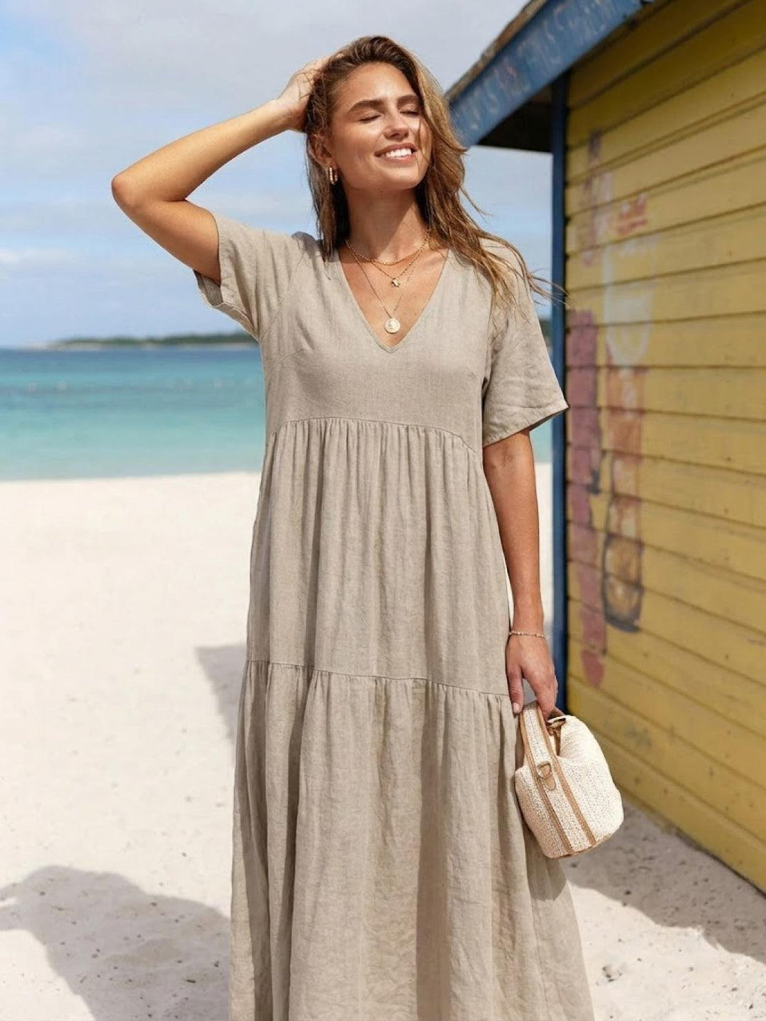 Karla | Boho Maxi Kjole V-Hals Korte Ermer Lagdelt