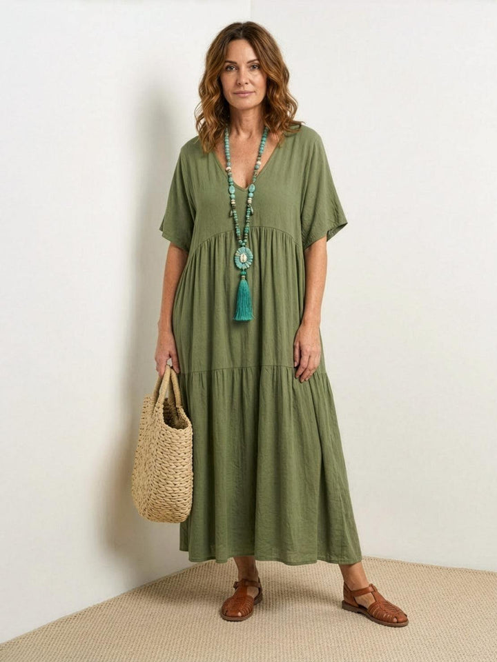 Karla | Boho Maxi Kjole V-Hals Korte Ermer Lagdelt