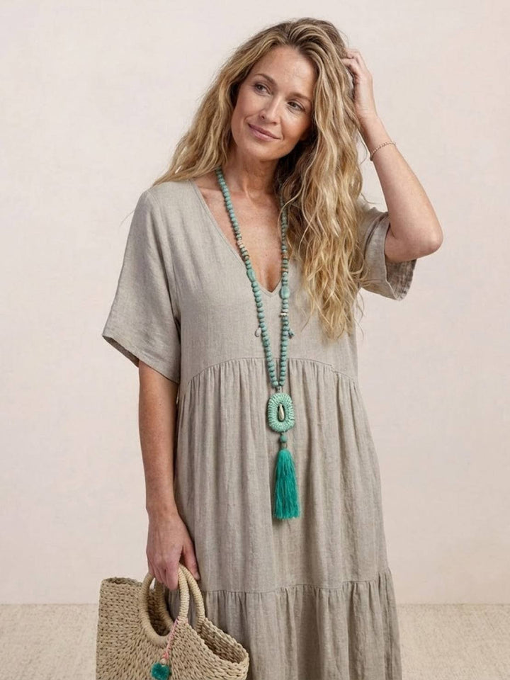 Karla | Boho Maxi Kjole V-Hals Korte Ermer Lagdelt