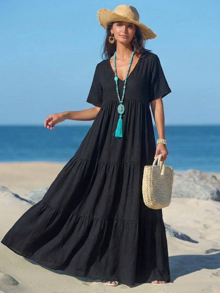 Karla | Boho Maxi Kjole V-Hals Korte Ermer Lagdelt