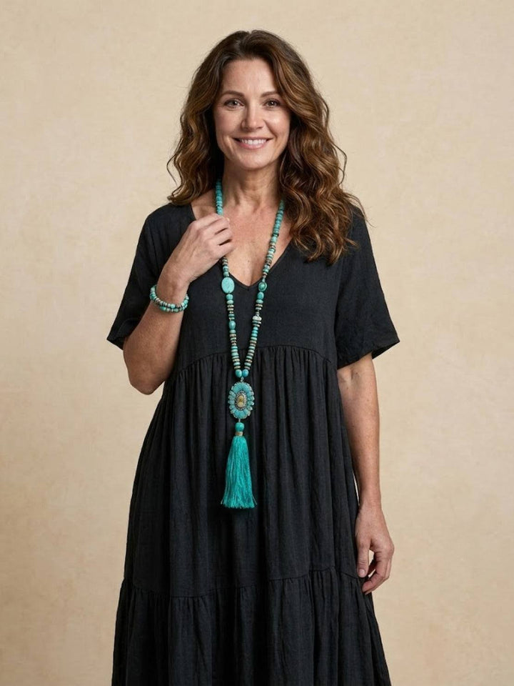 Karla | Boho Maxi Kjole V-Hals Korte Ermer Lagdelt