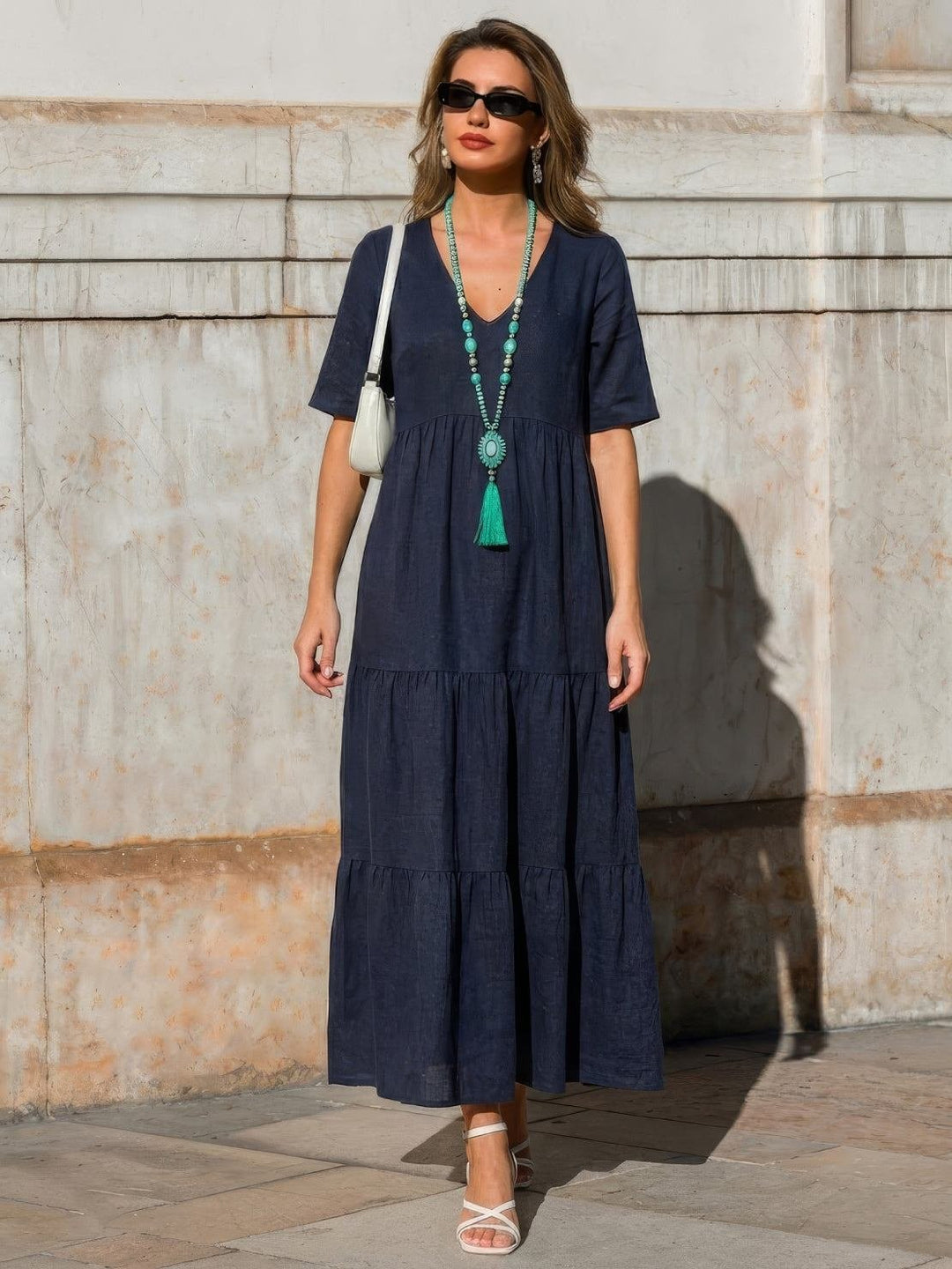Karla | Boho Maxi Kjole V-Hals Korte Ermer Lagdelt