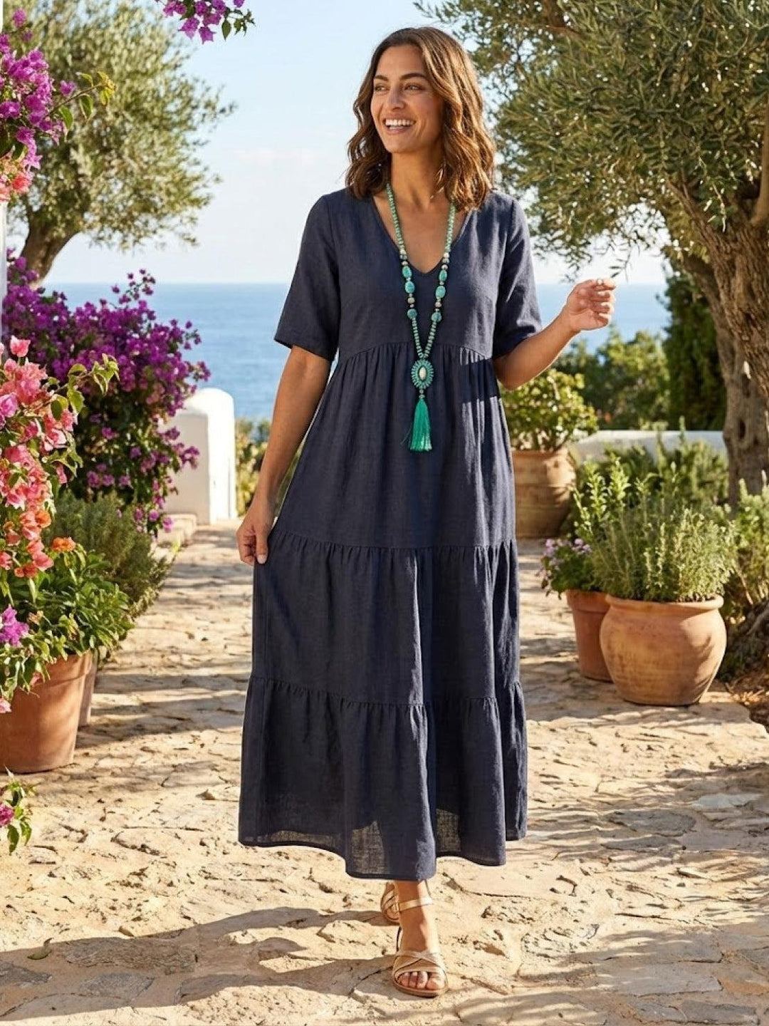 Karla | Boho Maxi Kjole V-Hals Korte Ermer Lagdelt