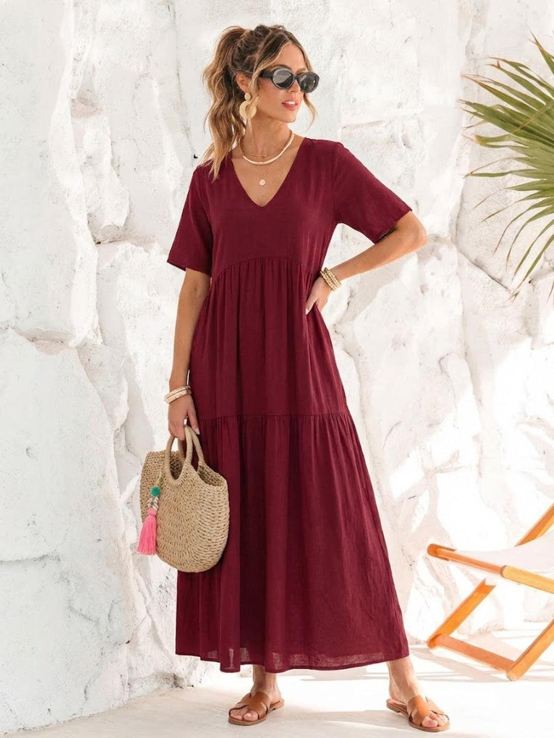 Karla | Boho Maxi Kjole V-Hals Korte Ermer Lagdelt
