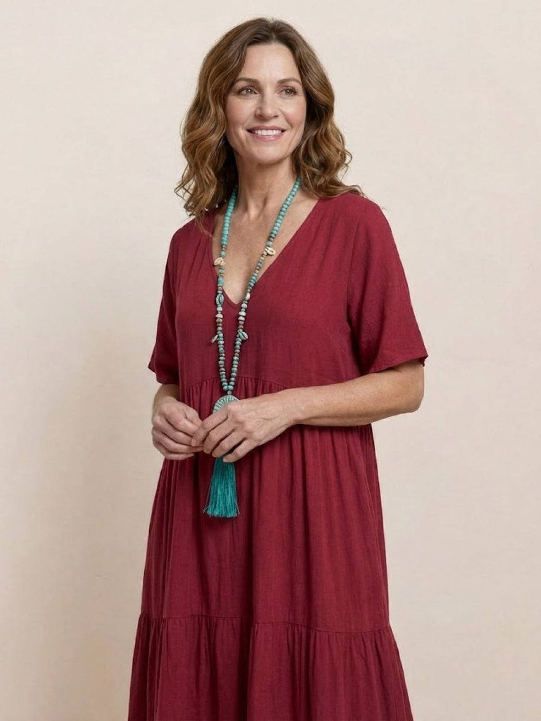 Karla | Boho Maxi Kjole V-Hals Korte Ermer Lagdelt