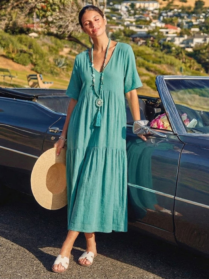 Karla | Boho Maxi Kjole V-Hals Korte Ermer Lagdelt