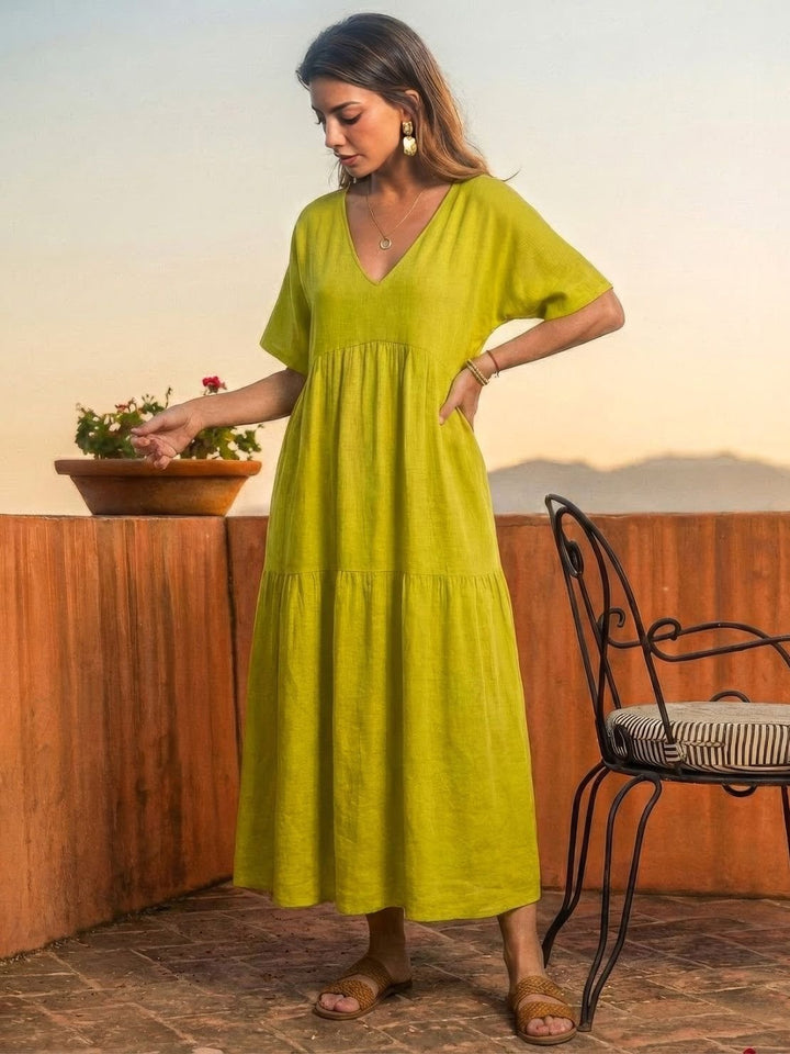 Karla | Boho Maxi Kjole V-Hals Korte Ermer Lagdelt